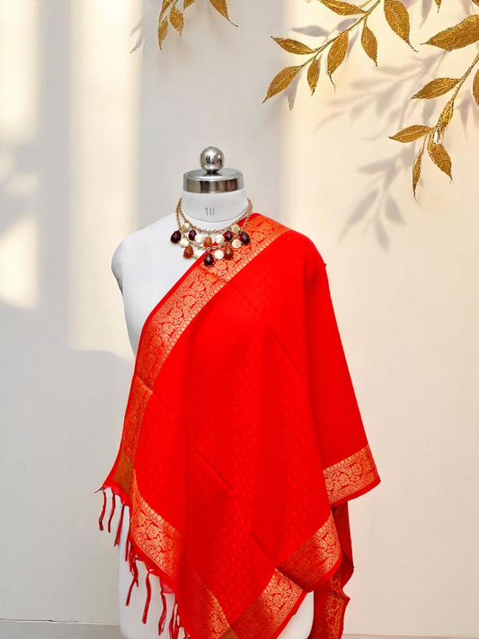 Noorā – Festive Brocade Zari Stole Set of 2 (Purple & Vermilion Red)