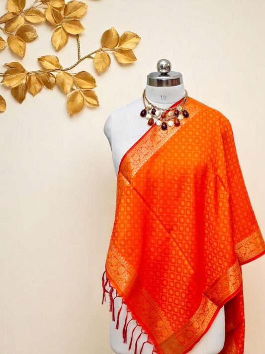 Noorā – Festive Brocade Zari Stole Set of 2 (Maroon & Orange)