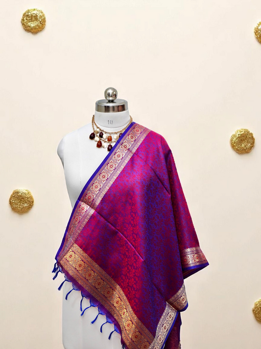 Noorā – Festive Brocade Zari Stole Set of 2 (Olive Gold & Magenta Purple)