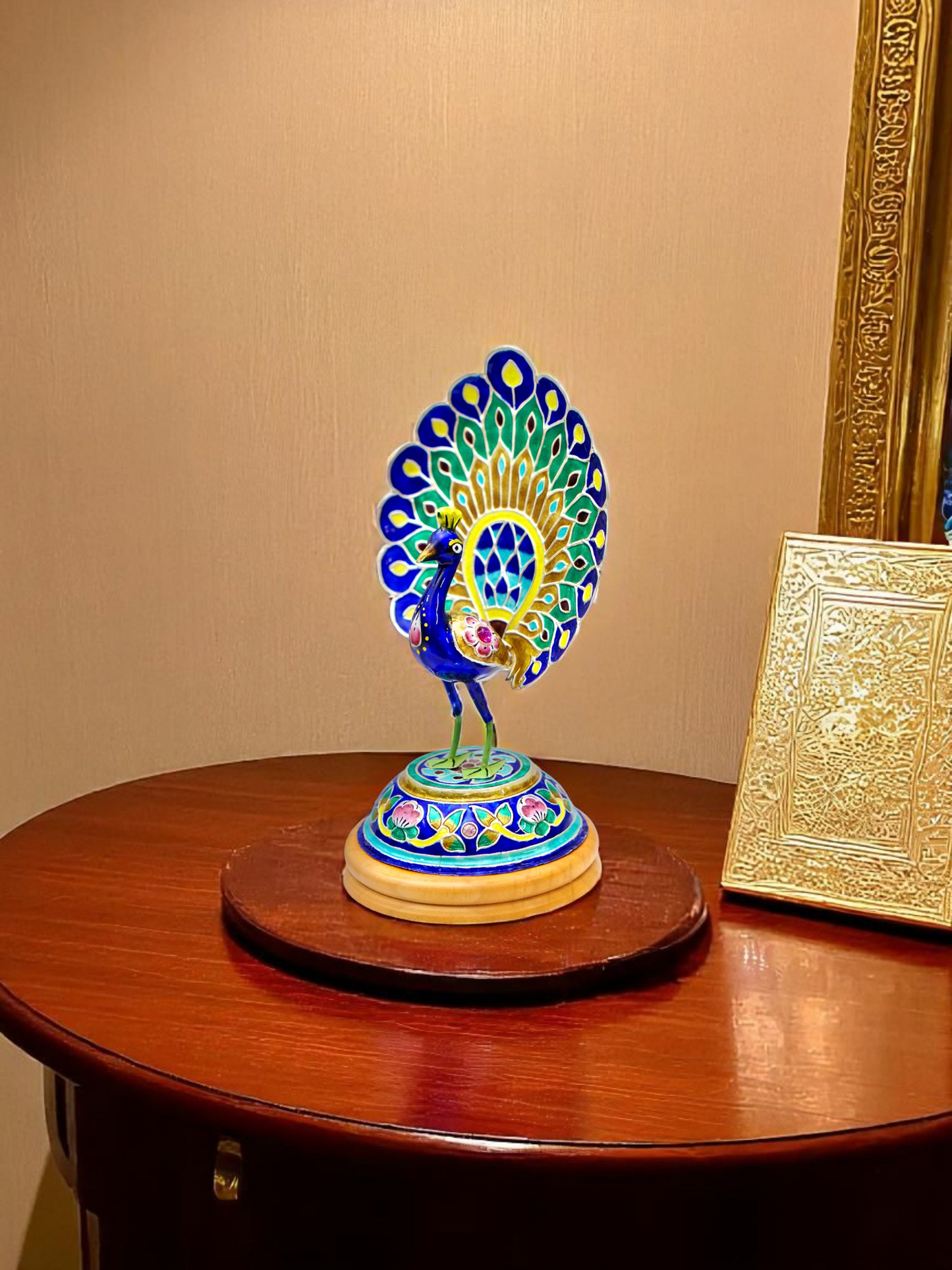 Shubh Mayur silver peacock figurine with Gulabi Meenakari, handcrafted in Varanasi