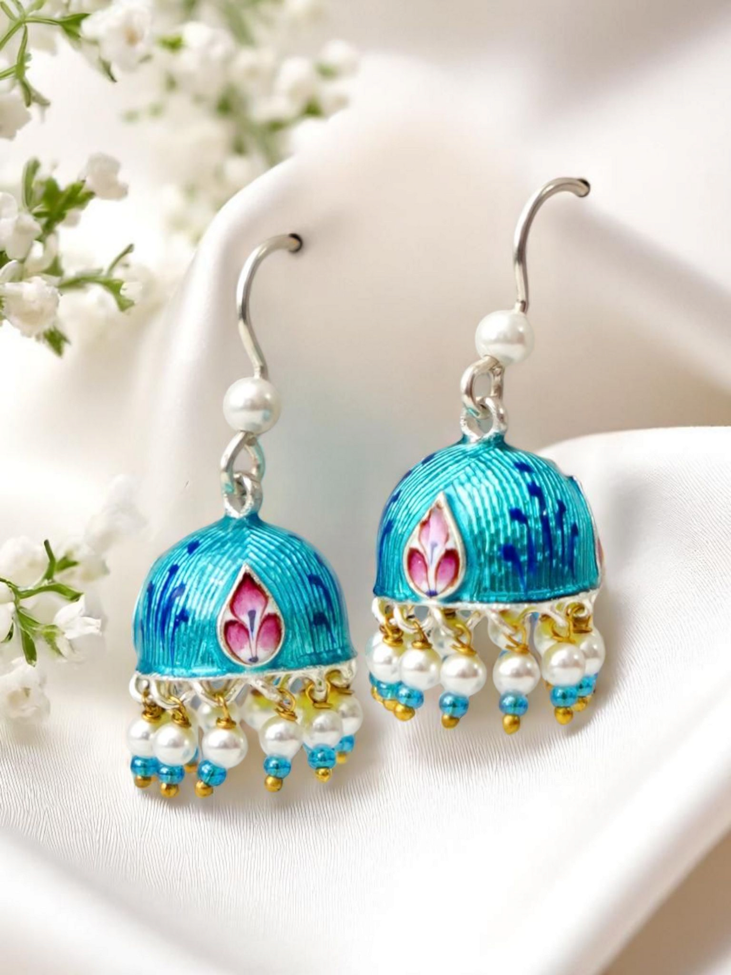 Silver Kamalnayan jhumka earrings with lotus Gulabi Meenakari, handcrafted in Varanasi