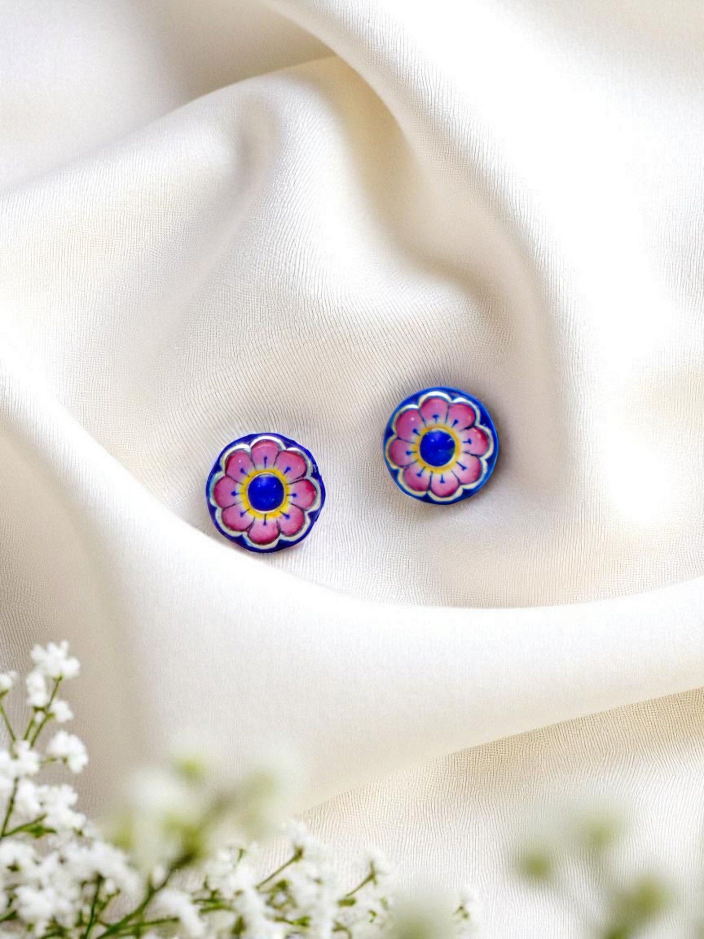 Silver Neel Kamal stud earrings with blue Gulabi Meenakari, handcrafted in Varanasi