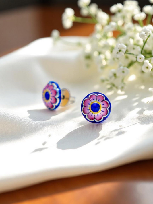 Neelkamal Studs | Handcrafted Gulabi Meenakari Earrings on Silver (GI Tagged)