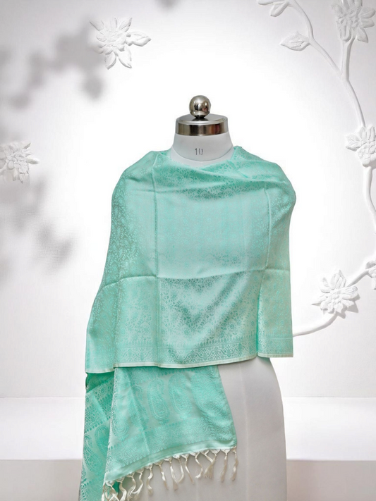 Saranyū – mint green pure Jamawar silk stole from Varanasi, woven with soft heritage detailing


