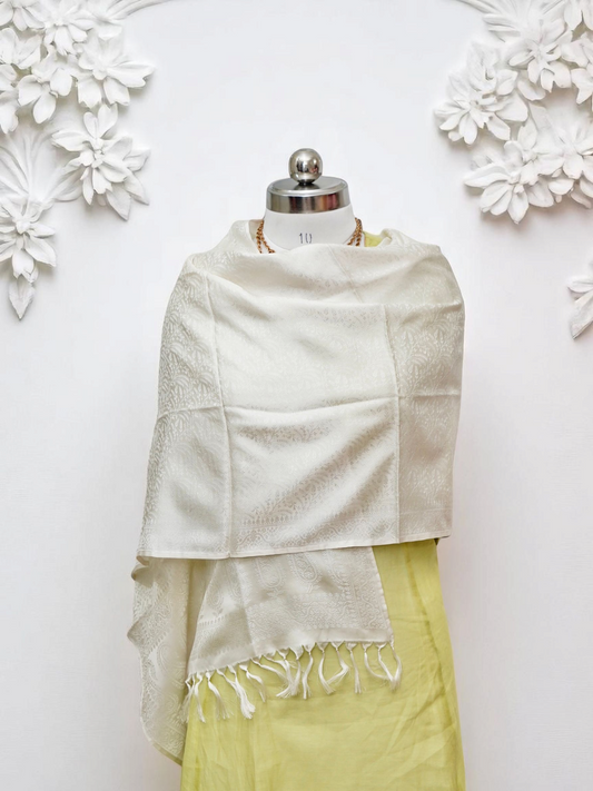 Vimala – white pure Jamawar silk stole from Varanasi, woven with serene heritage motifs