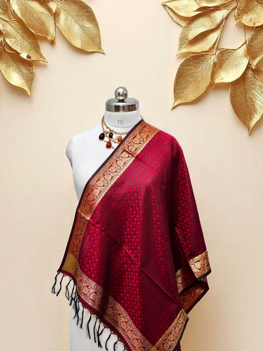 Noorā – Festive Brocade Zari Stole Set of 2 (Maroon & Orange)
