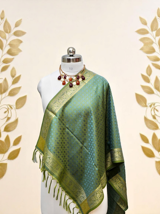Noorā – Festive Brocade Zari Stole Set of 2 (Olive Gold & Magenta Purple)