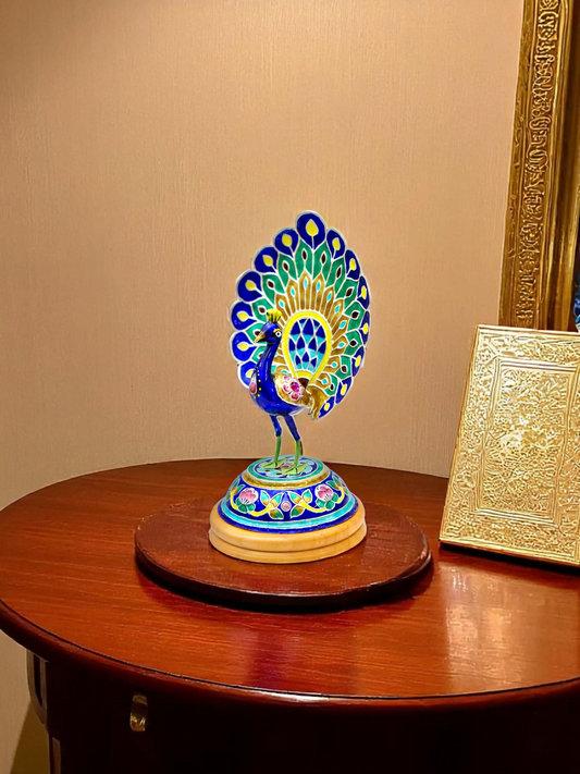 Shubh Mayur silver peacock figurine with Gulabi Meenakari, handcrafted in Varanasi