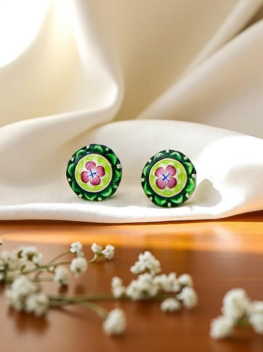Silver floral Meenakari stud earrings with Gulabi enamel, handcrafted in Varanasi