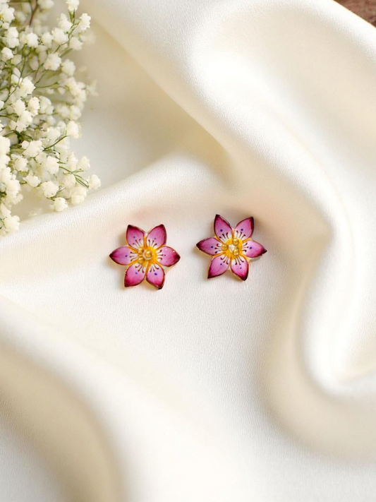 Silver lotus studs with Gulabi Meenakari detailing, handcrafted in Varanasi