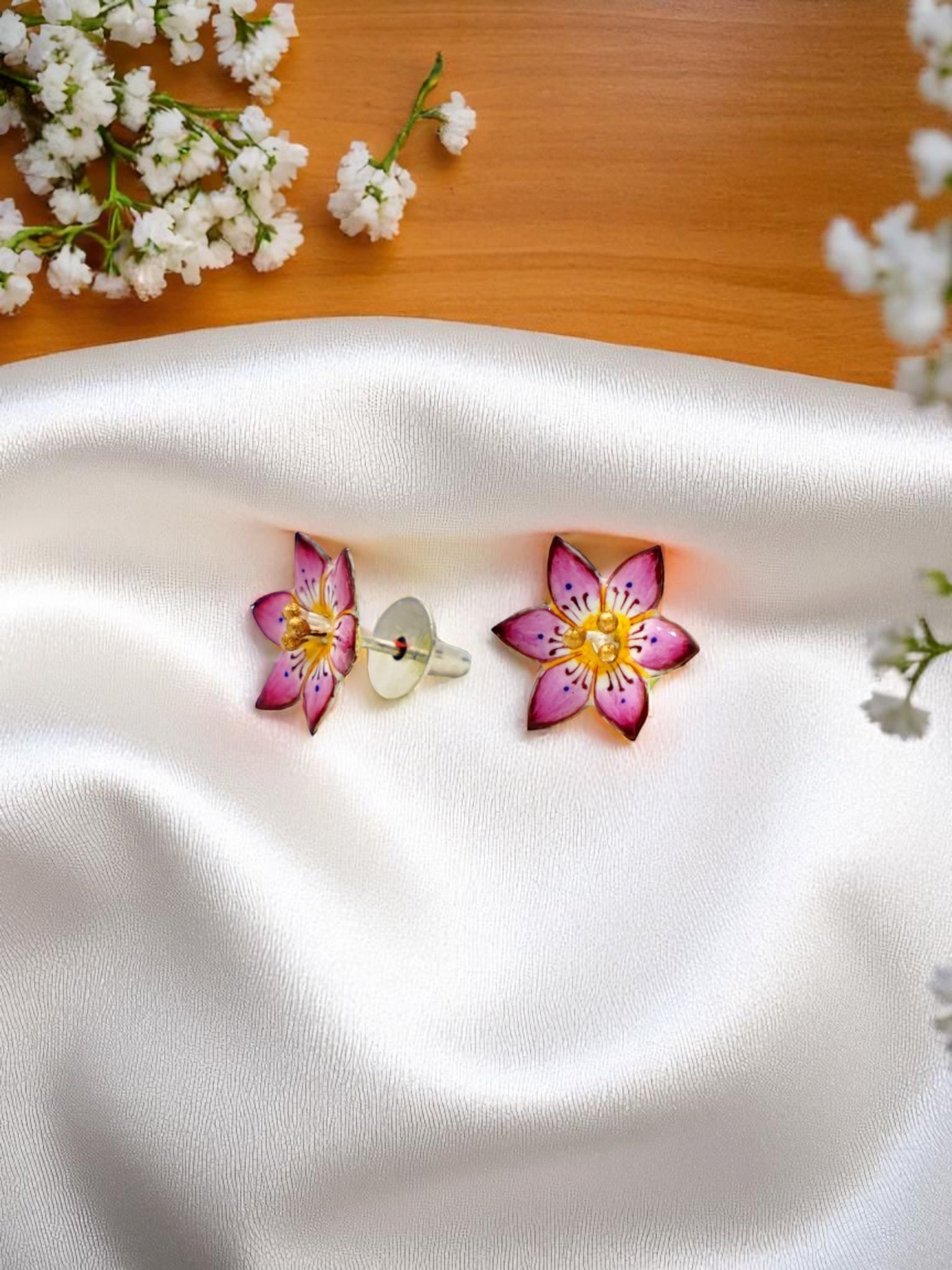Petals of Banaras | Silver Lotus Studs in Gulabi Meenakari Enamel (GI Tagged)