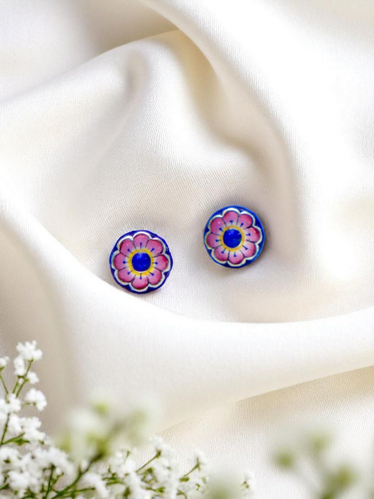 Silver Neel Kamal stud earrings with blue Gulabi Meenakari, handcrafted in Varanasi