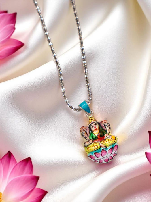 Silver Gulabi Meenakari pendant of Goddess Lakshmi, handcrafted in Varanasi