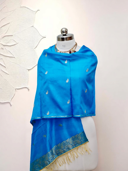 Nīlā – sky blue pure mulberry Katan silk stole from Varanasi, classic and elegant