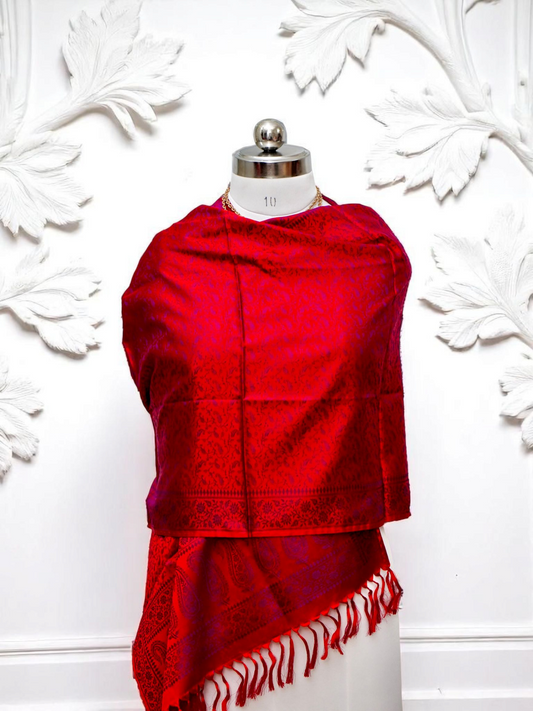 Devalekha – crimson red pure Jamawar silk stole from Varanasi, with intricate woven patterns