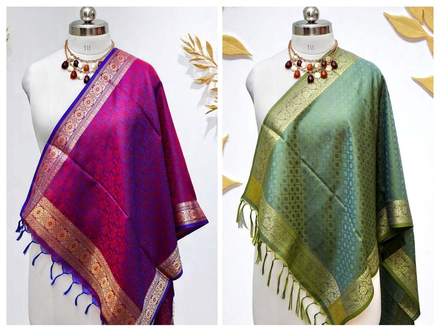 Noorā – brocade silk stole from Varanasi in olive and pink, woven in festive Banarasi motifs
