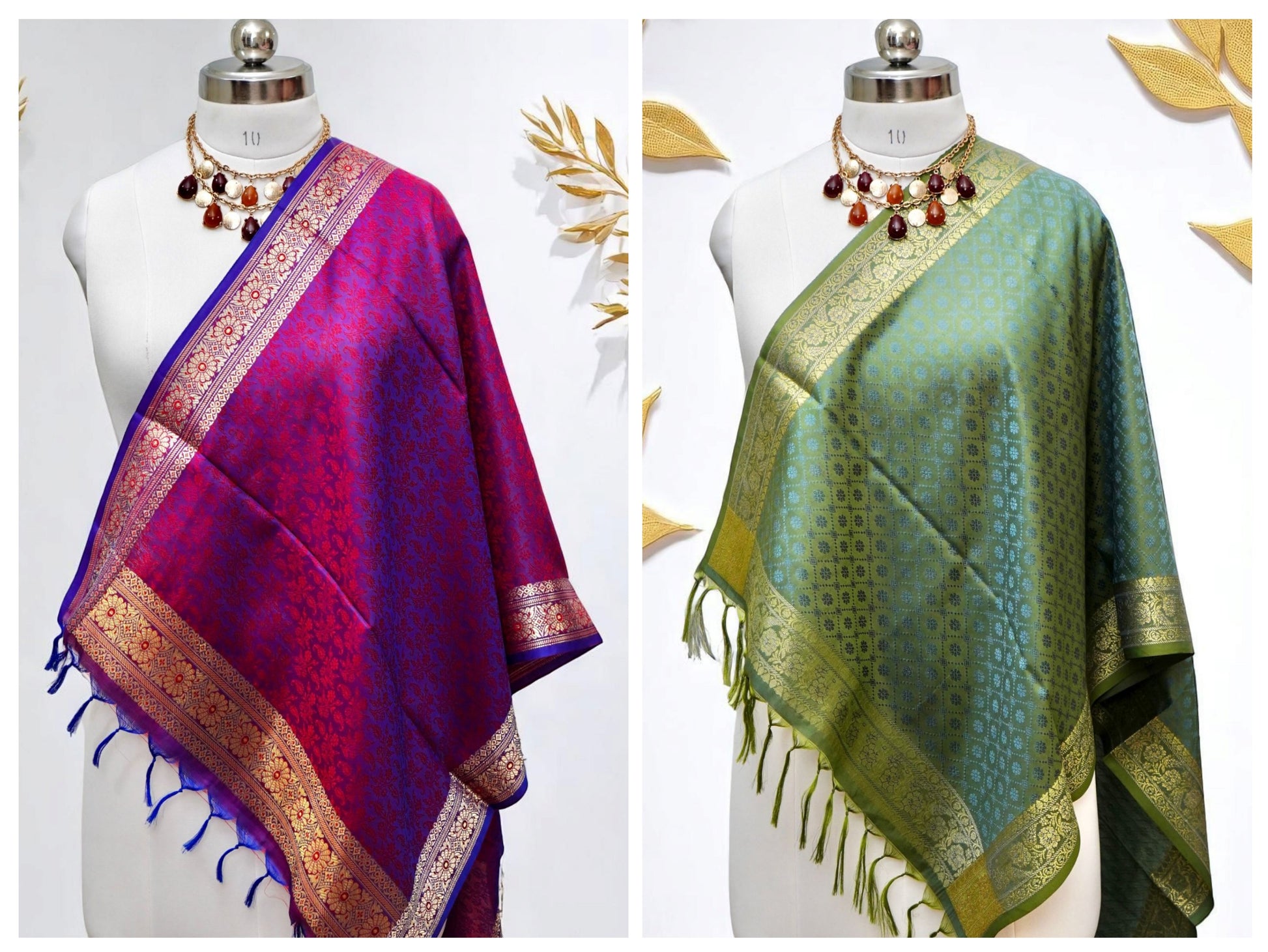 Noorā – brocade silk stole from Varanasi in olive and pink, woven in festive Banarasi motifs
