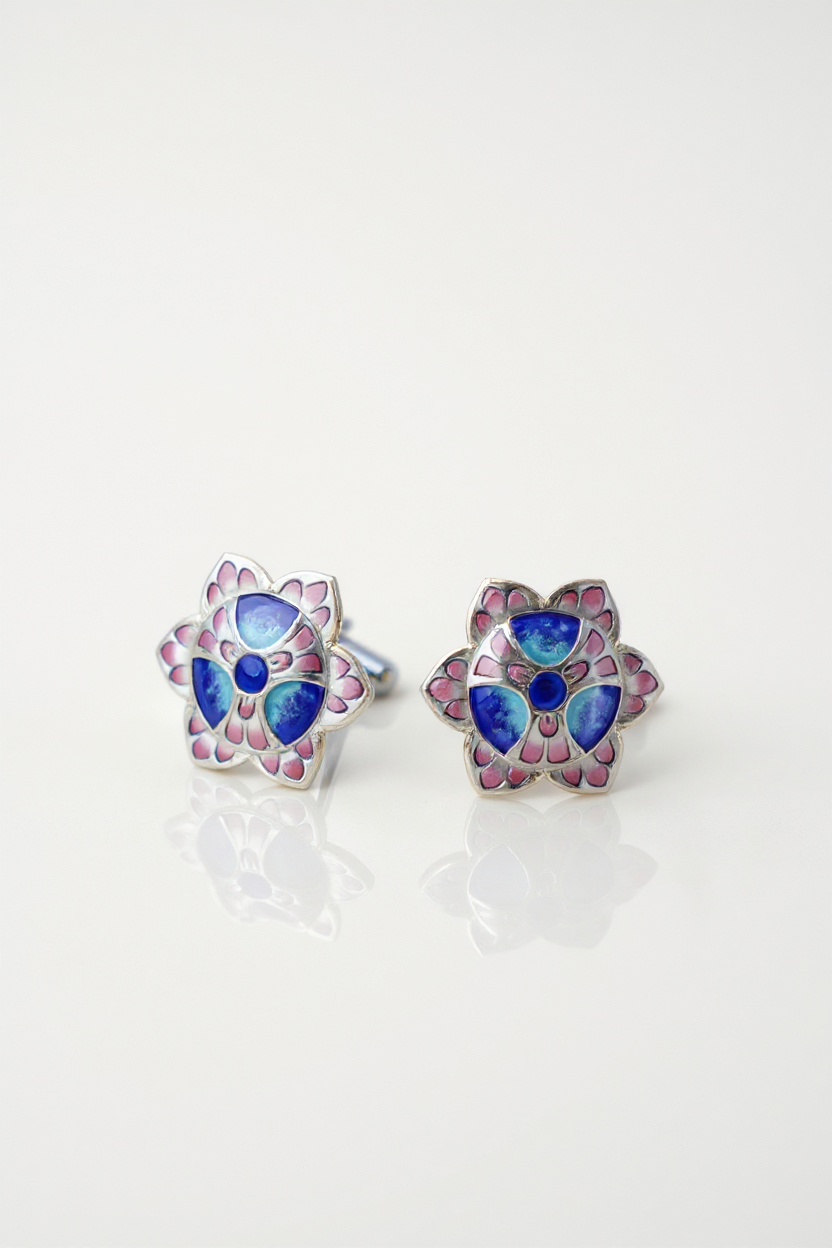 Neelkamal Meena cufflinks in silver with blue Gulabi Meenakari, handcrafted in Varanasi
