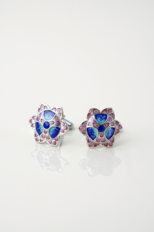 Neelkamal Meena cufflinks in silver with blue Gulabi Meenakari, handcrafted in Varanasi
