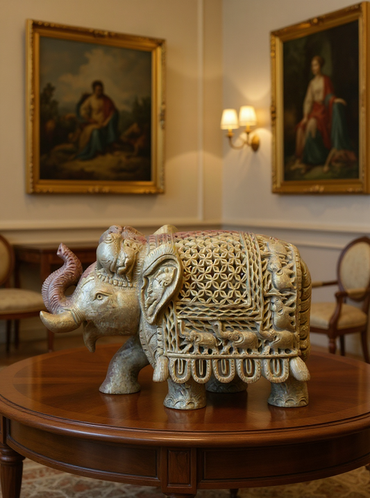 Gajshobha hand-carved stone elephant figurine from Varanasi, symbol of wisdom and heritage
