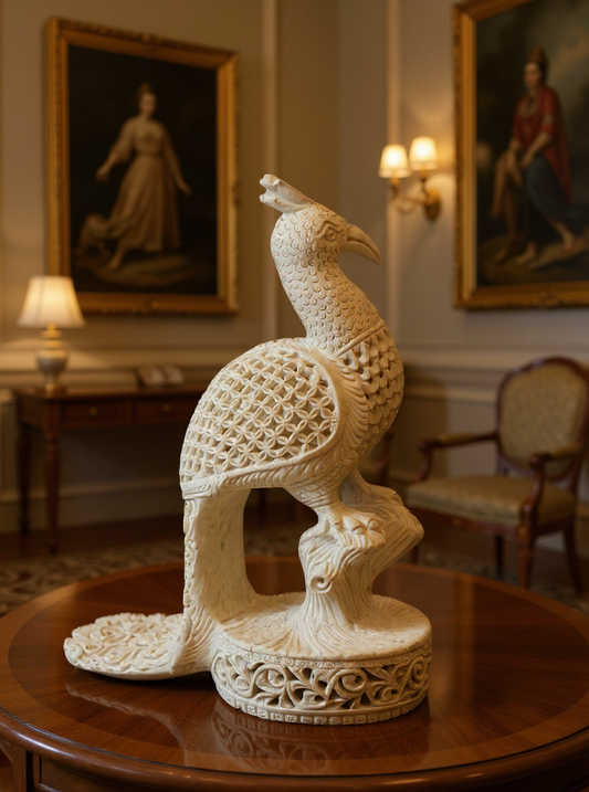 Hridyamayur hand-carved stone peacock figurine from Varanasi, rooted in heritage art
