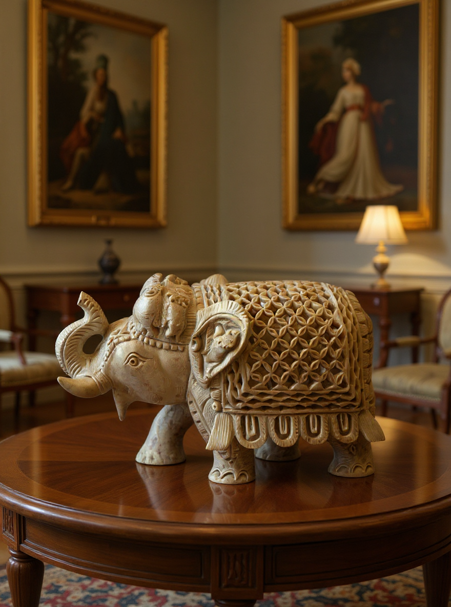 Antarvāsin Gajrāj – hand-carved stone elephant figurine with miniature elephant inside, crafted in Varanasi
