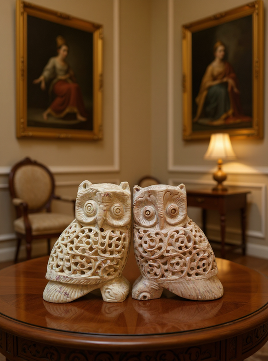 Vidhilakshmi Ulūka – hand-carved stone owl figurine with miniature owl inside, crafted in Varanasi
