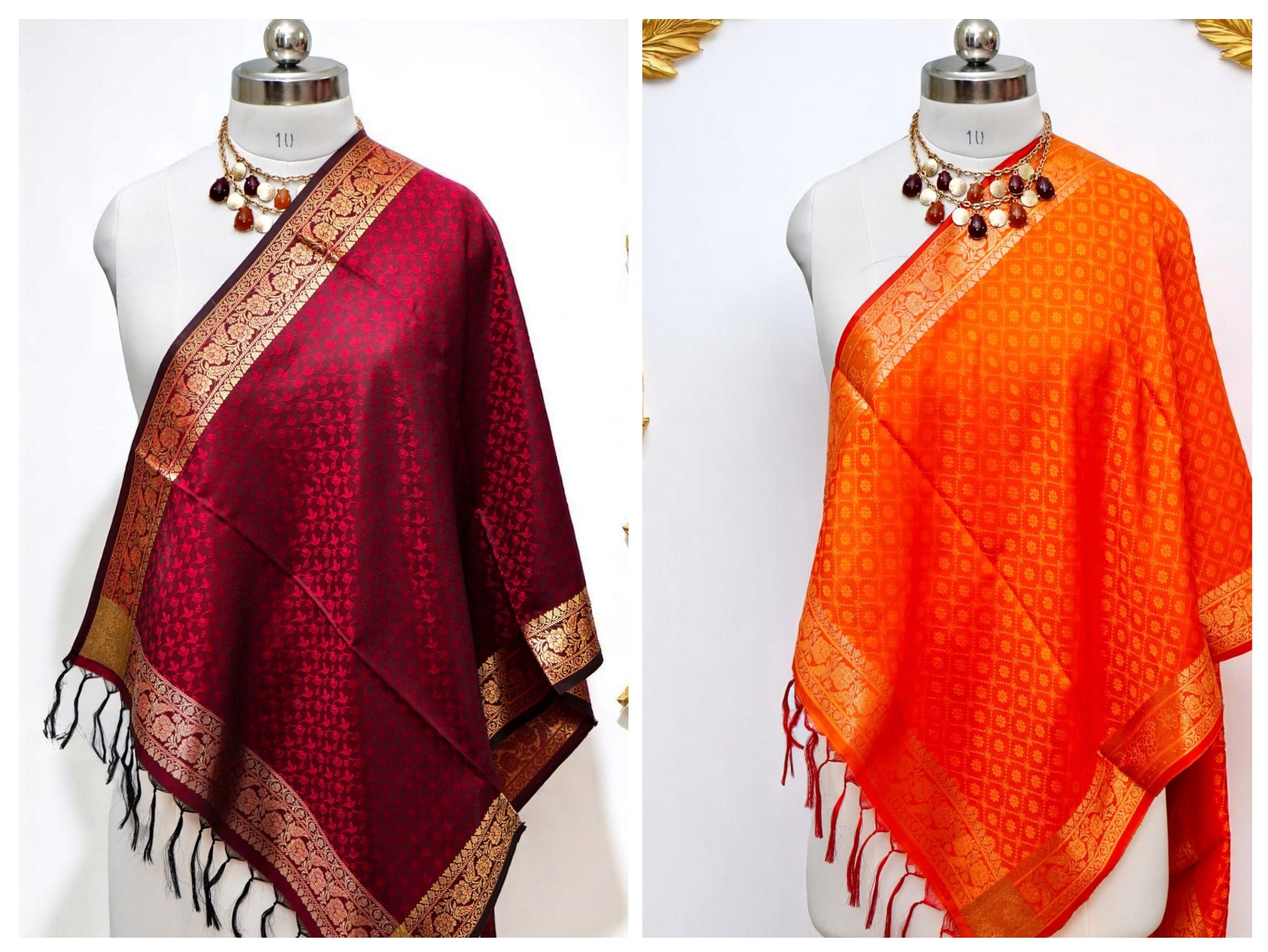 Noorā – brocade silk stole from Varanasi in maroon and orange, woven in festive Banarasi motifs